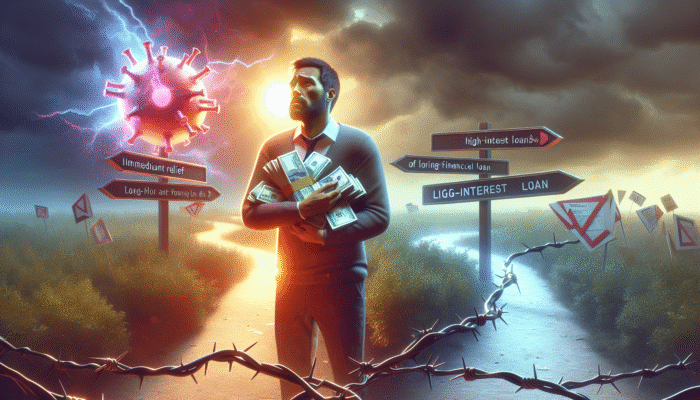 Person at crossroads with cash and high-interest loan contract, symbolizing immediate relief versus long-term financial burden.