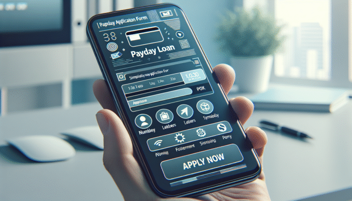 A smartphone screen showing a simplified payday loan application form with an "Apply Now" button.