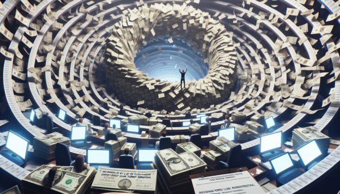 Person overwhelmed by cash and IOU notes, trapped in a debt cycle vortex from payday loans.