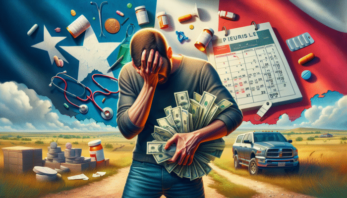 A stressed person in Texas with a payday loan contract, calendar showing next payday, and symbols of urgent expenses.