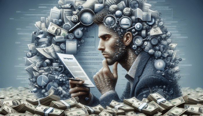 A person analyzing loan agreement fine print with magnifying glass, surrounded by money and charts.
