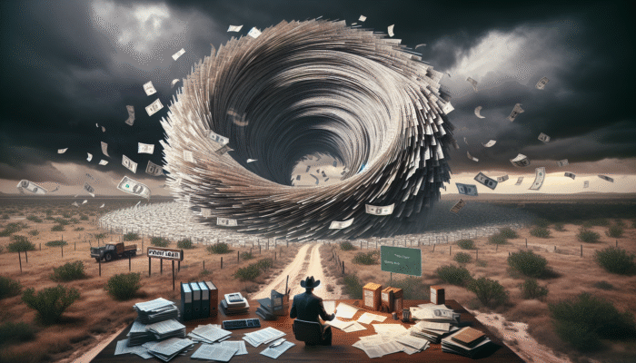 A person in Texas engulfed by a vortex of payday loan papers, symbolizing the inescapable debt cycle against a bleak financial backdrop.