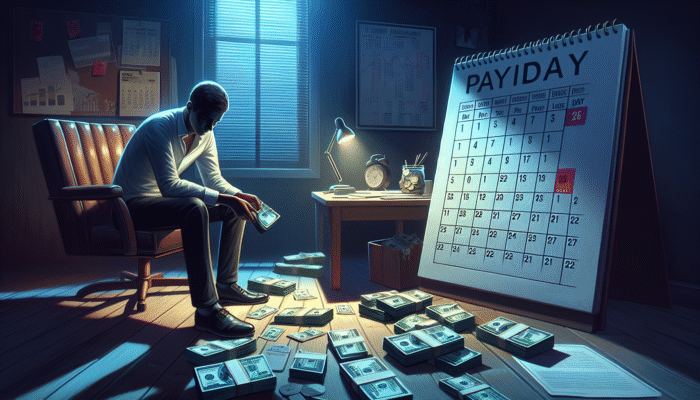 Person counting cash in dim room, calendar marks urgent payday, symbolizing high-risk short-term loans.