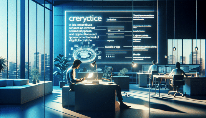 A modern office with a "Payday Loans" sign; person filling out application, eligibility criteria on screen.