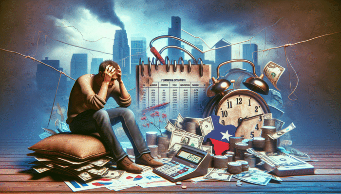 A person in Texas, surrounded by financial documents and a calendar, overwhelmed by high payday loan rates.