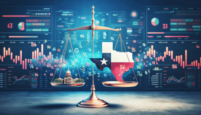 A scale with Texas and U.S. maps, dollar signs, and percentages, set against state capitol buildings, comparing payday loan rates.