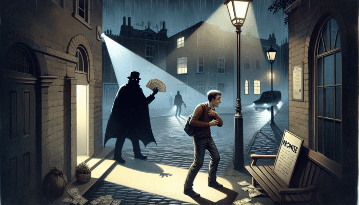 A person handing cash to a shadowy figure who disappears, leaving an empty promise note on a dark street.