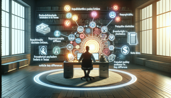 A person researching payday lenders in Texas, surrounded by documents and using a computer.