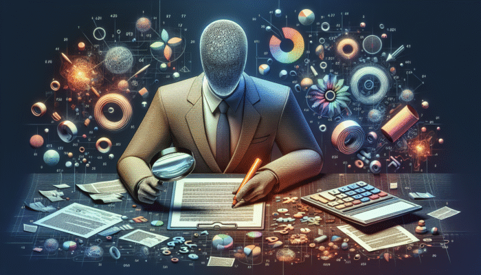 Person using magnifying glass to review loan contract, highlighting rates and fees, with financial charts and calculator.