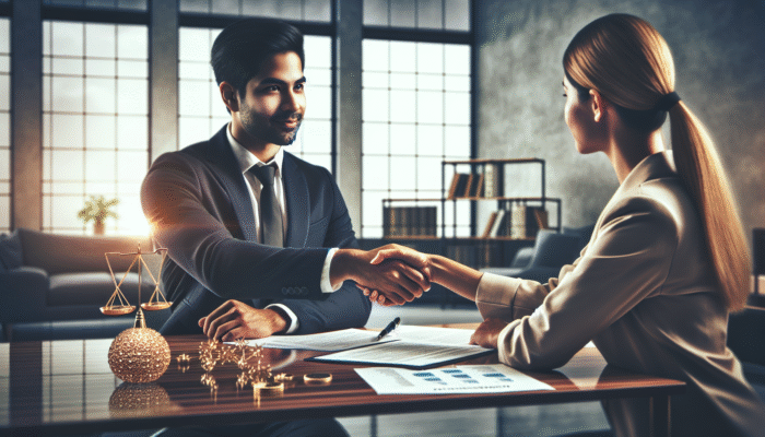 A person negotiating loan terms with a banker at a desk, surrounded by financial documents in a modern office.
