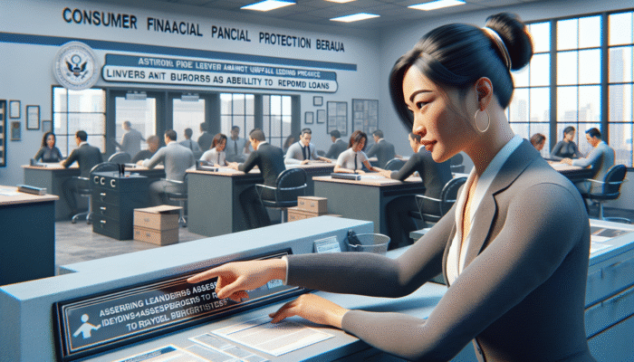 A CFPB agent monitors a payday lending office, ensuring lenders assess repayment ability to protect against predatory practices.