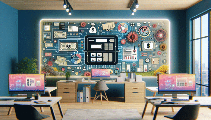 Modern Texas payday lender office with screens showing educational videos and infographics about loan apps.
