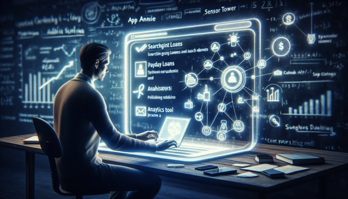 A person researching keywords like 'payday loans' and 'cash advances' using analytics tools on a laptop.