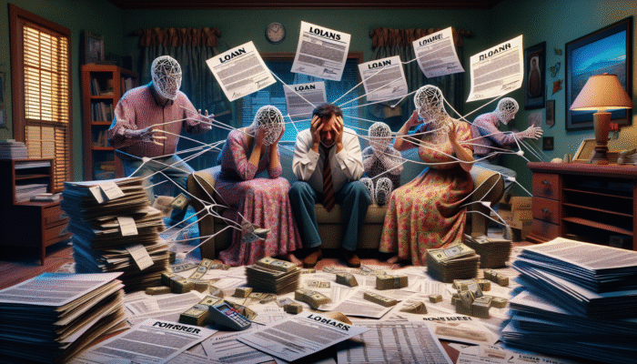 Texan family stressed by 400% APR payday loans in cluttered home office.