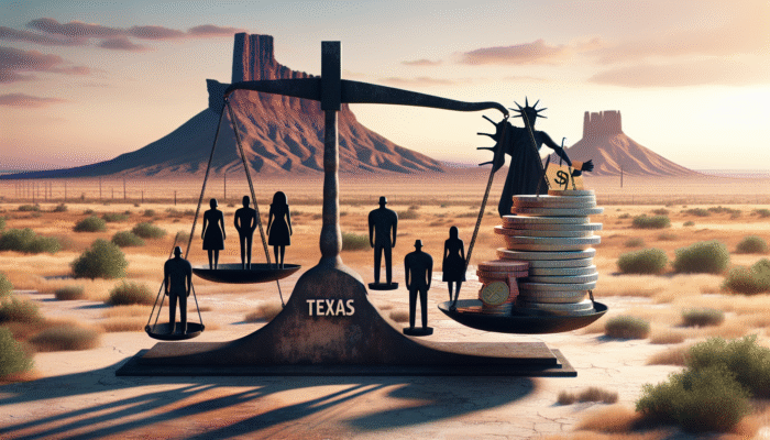 A Texas landscape with silhouettes of unemployed, income inequality scale, and shadowy figure offering payday loans, symbolizing financial entrapment.