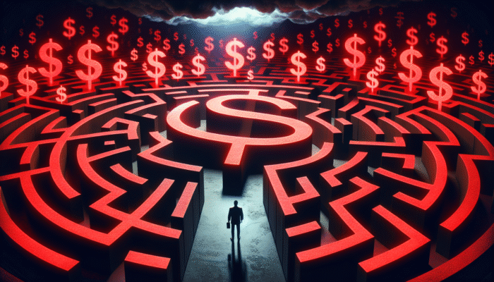 A person stands at the entrance of a maze with glowing red dollar signs and a large dollar symbol at its center, illustrating the complexity of escaping the Texas Payday Loan Debt Trap or finding fixes, as revealed in this essential guide to financial decisions.