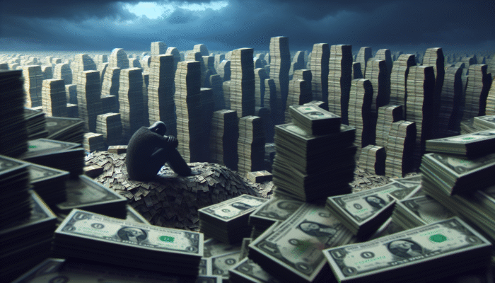 A distressed person amidst towering money stacks labeled with high interest rates, depicting payday loan debt.