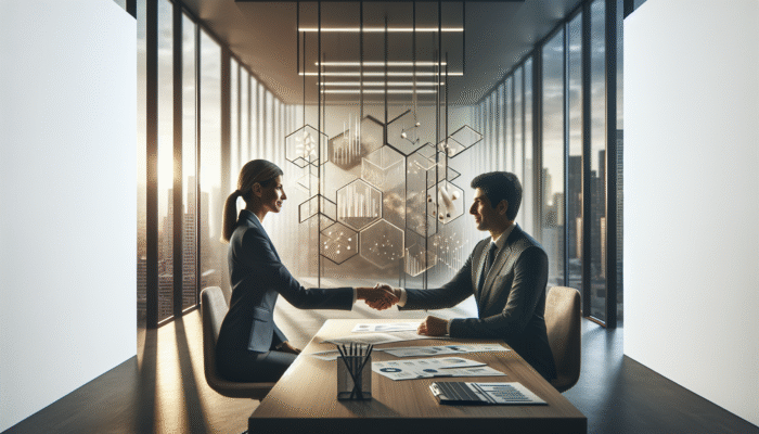 Person in suit shaking hands with lender across desk, surrounded by financial documents in modern office.