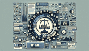 A complex infographic with charts, graphs, and icons surrounding a central scale symbol, representing business, finance, and legal concepts like Payday Loans and Personal Loans with documents and blue-toned data visualization elements.