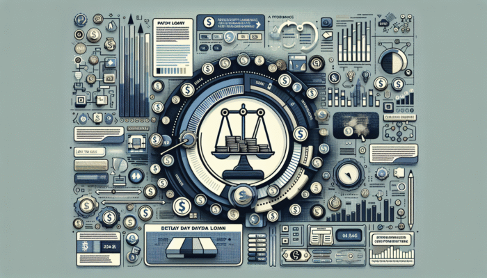 A complex infographic with charts, graphs, and icons surrounding a central scale symbol, representing business, finance, and legal concepts like Payday Loans and Personal Loans with documents and blue-toned data visualization elements.