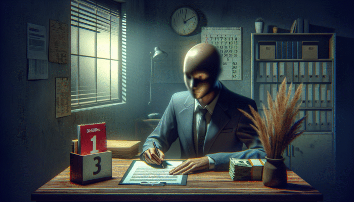 Person signing high-interest payday loan contract in dimly lit office, with cash and calendar.