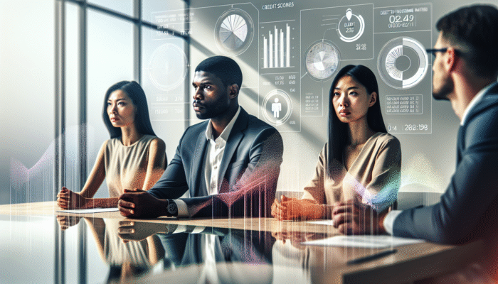 Diverse group reviewing financial documents and charts in a modern office setting.