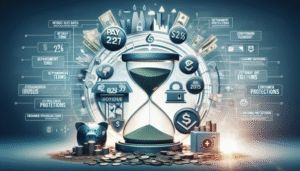 An hourglass surrounded by financial icons, coins, a piggy bank, a safe, and various infographics highlights interest rates, repayment, and consumer protection—symbolizing financial planning and time management amid ongoing Payday Loan Regulation.