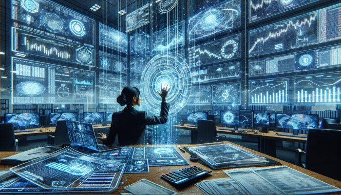 A stressed lender in a futuristic office adjusting pricing model on computer, surrounded by 2025 regulatory updates and compliance documents.