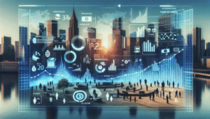 A city skyline with sunlight reflecting on buildings, overlaid with translucent digital infographics, charts, and business icons illustrating economic trends and urban data analysis. People walk in a plaza below.