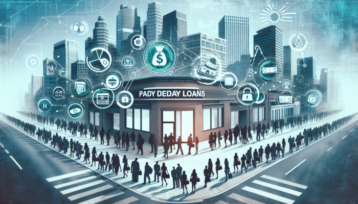 City skyline with economic graphs showing increased payday loan demand during recession; people waiting at loan store.