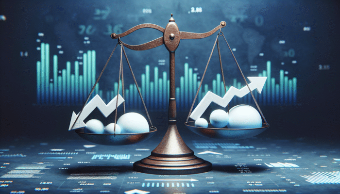 A scale balancing low and high interest rates affecting payday loan accessibility, with economic graphs and consumer figures.