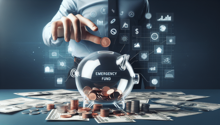 A person places a coin into a transparent piggy bank labeled "Emergency Fund," surrounded by cash, coins, and digital finance icons, illustrating smart saving strategies and financial planning as alternatives to payday loans.