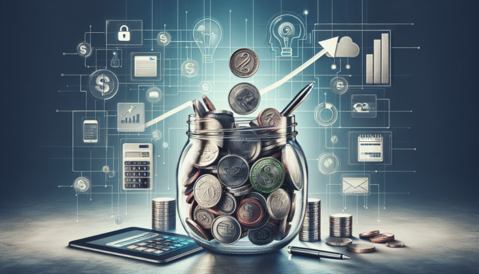 A glass jar labeled "Emergency Fund" fills with coins, surrounded by budget tools and a calendar marking $1,000 goal.