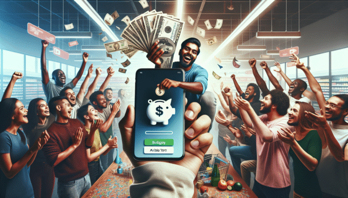Person using cash for shopping, smartphone showing budgeting app, family and friends celebrating with banners and confetti.