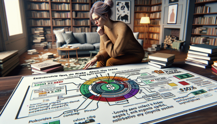 A woman sits on the floor of a Texas library, surrounded by books, examining a large, colorful financial chart detailing effective strategies for managing payday loans.