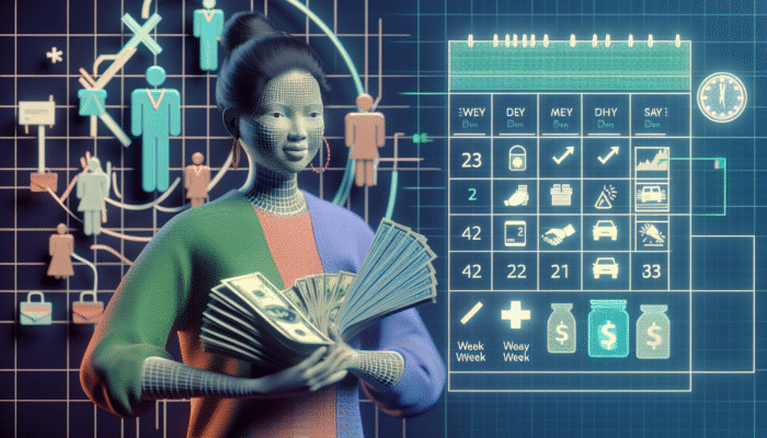 Person holding cash, calendar showing two weeks, emergency icons in background, symbolizing payday loan.