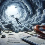 A person is seen floating upward through a tunnel of clouds, surrounded by flying dollar signs and papers—symbolizing the essential dangers of payday loan risks in Texas. In the foreground are scattered financial documents, money, a calculator, a clipboard, and a life preserver.