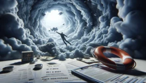 A person is seen floating upward through a tunnel of clouds, surrounded by flying dollar signs and papers—symbolizing the essential dangers of payday loan risks in Texas. In the foreground are scattered financial documents, money, a calculator, a clipboard, and a life preserver.