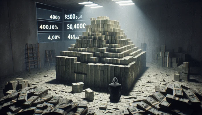 A person overwhelmed by towering dollar bills, symbolizing a $500 loan escalating to over $1,500 with a 400% APR.