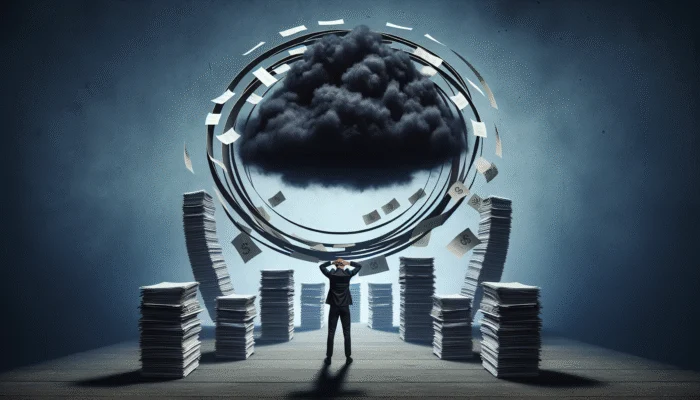 A person overwhelmed by debt, surrounded by bills and loan documents, with a dark cloud overhead.