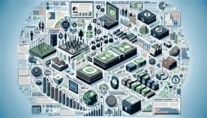 An illustrated infographic displays financial icons like cash, coins, laptops, graphs, and charts—highlighting Texas payment challenges—densely arranged in a circular layout against a light background.