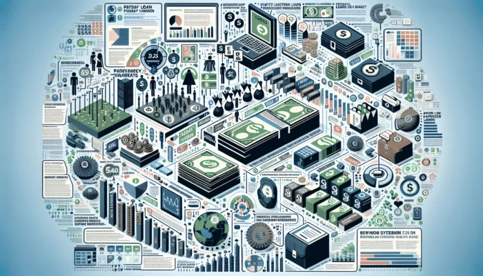 An illustrated infographic displays financial icons like cash, coins, laptops, graphs, and charts—highlighting Texas payment challenges—densely arranged in a circular layout against a light background.