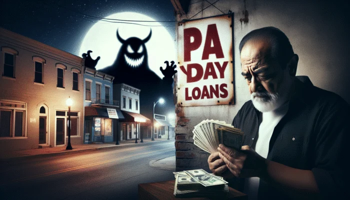 Person counting cash near payday loan sign, shadowed by high interest rates on a dark Texas street.