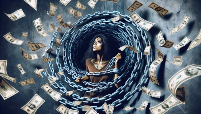 A person trapped in a vortex of chains and money, symbolizing debt cycle, with a desperate expression.