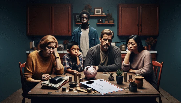 A family in Texas at a kitchen table, overwhelmed by debt from payday loans, surrounded by bills and a bankruptcy notice, feeling despair and financial ruin.