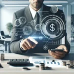 A man in a suit sits at a desk with coins, a calculator, and financial charts, using a smartphone. Floating digital graphics illustrate payment planner technology and charts, symbolizing modern financial management.
