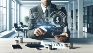 A man in a suit sits at a desk with coins, a calculator, and financial charts, using a smartphone. Floating digital graphics illustrate payment planner technology and charts, symbolizing modern financial management.