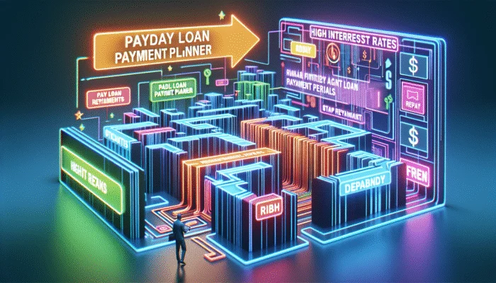A futuristic digital interface of a payday loan app with graphs and reminders, aiding navigation through high interest rates and short repayment periods.