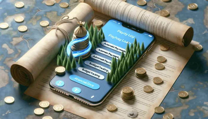 Smartphone showing payday loan app with payment scheduling and budget tracking features, including charts and graphs.