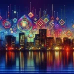 A city skyline at sunset is reflected on water in Richardson. Above the buildings, colorful geometric shapes and lines evoke the vibrant patterns found in a Borrower's Guide to Payday Loan Rates against the darkening sky.